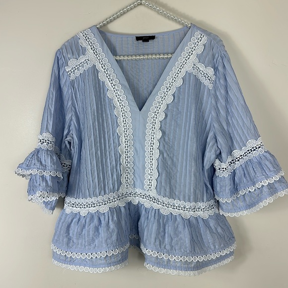 J. Crew Light Blue White Lace Tiered Peplum Silhouette Short Sleeve Top Large - Picture 3 of 10